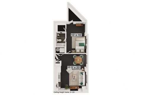 Floor plan for 1 bed, 1 bath, 689 sqft
